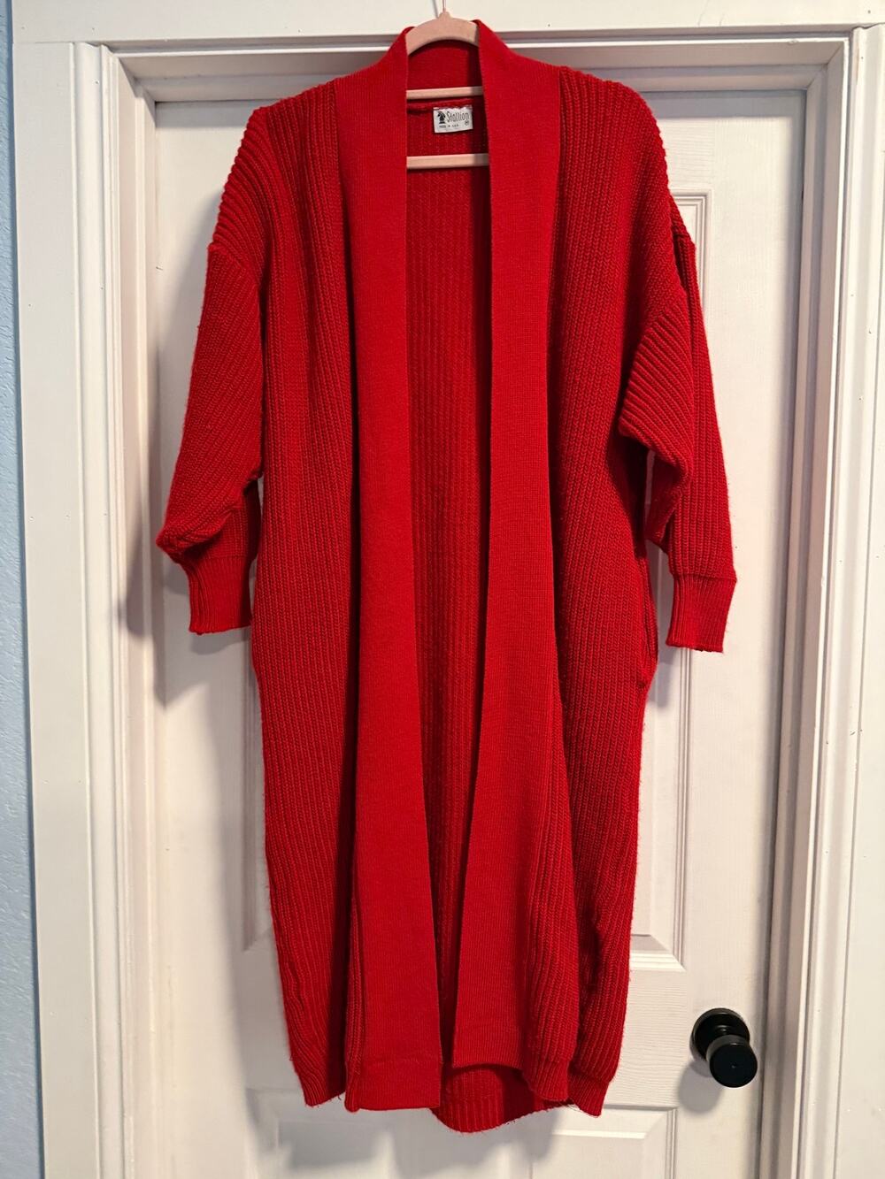 Vintage Stallion Red Long Trench Style Open Sweater w/ Pockets - Size M (24x43)